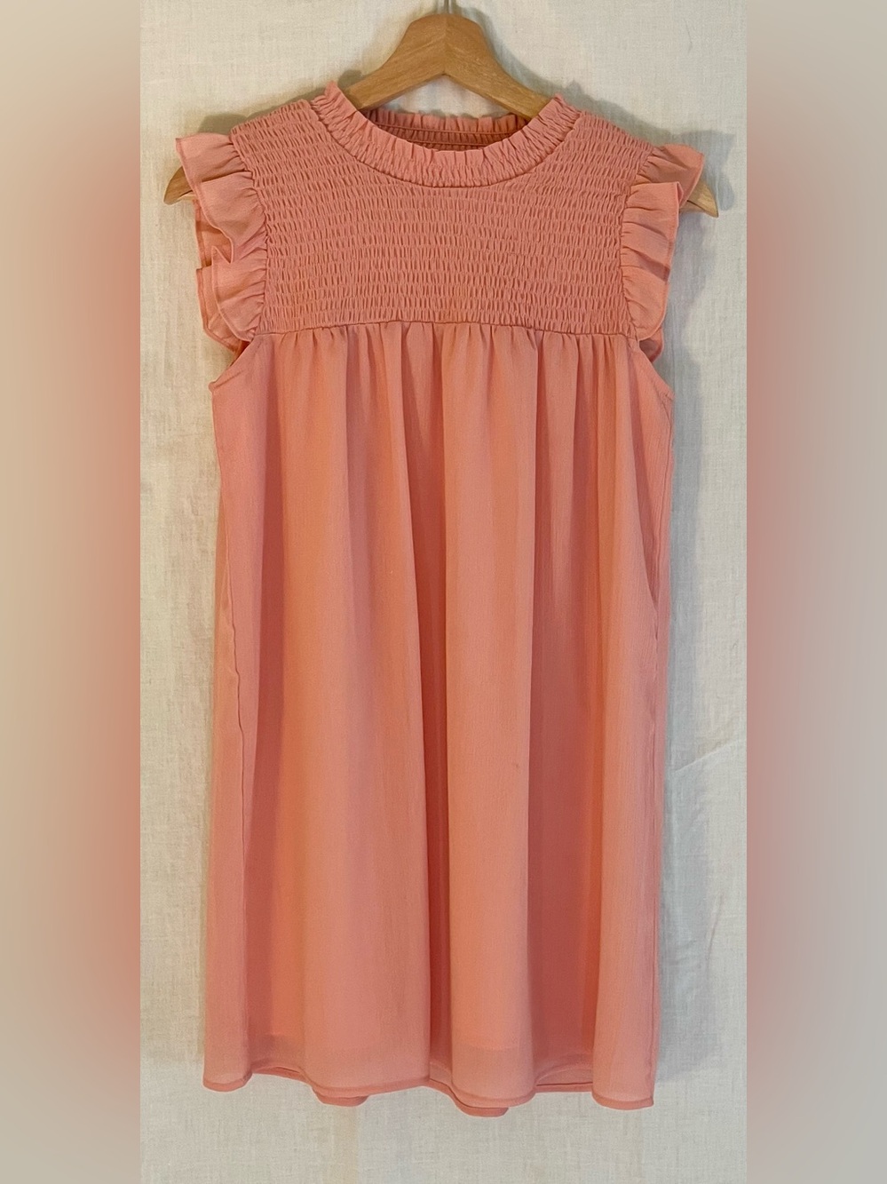 Pleat Girls Coral Pink Smocked Ruffle Sleeve Casual Dress